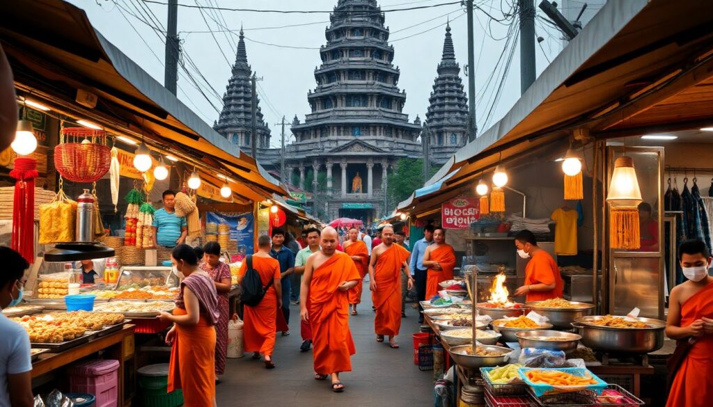 буддийские храмы и уличная еда - иллюстрация